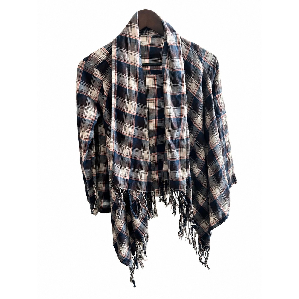 En Creme Cardigan Women Small Blue Plaid EUC Fringe Waterfall Boho EJ90066VL-A
